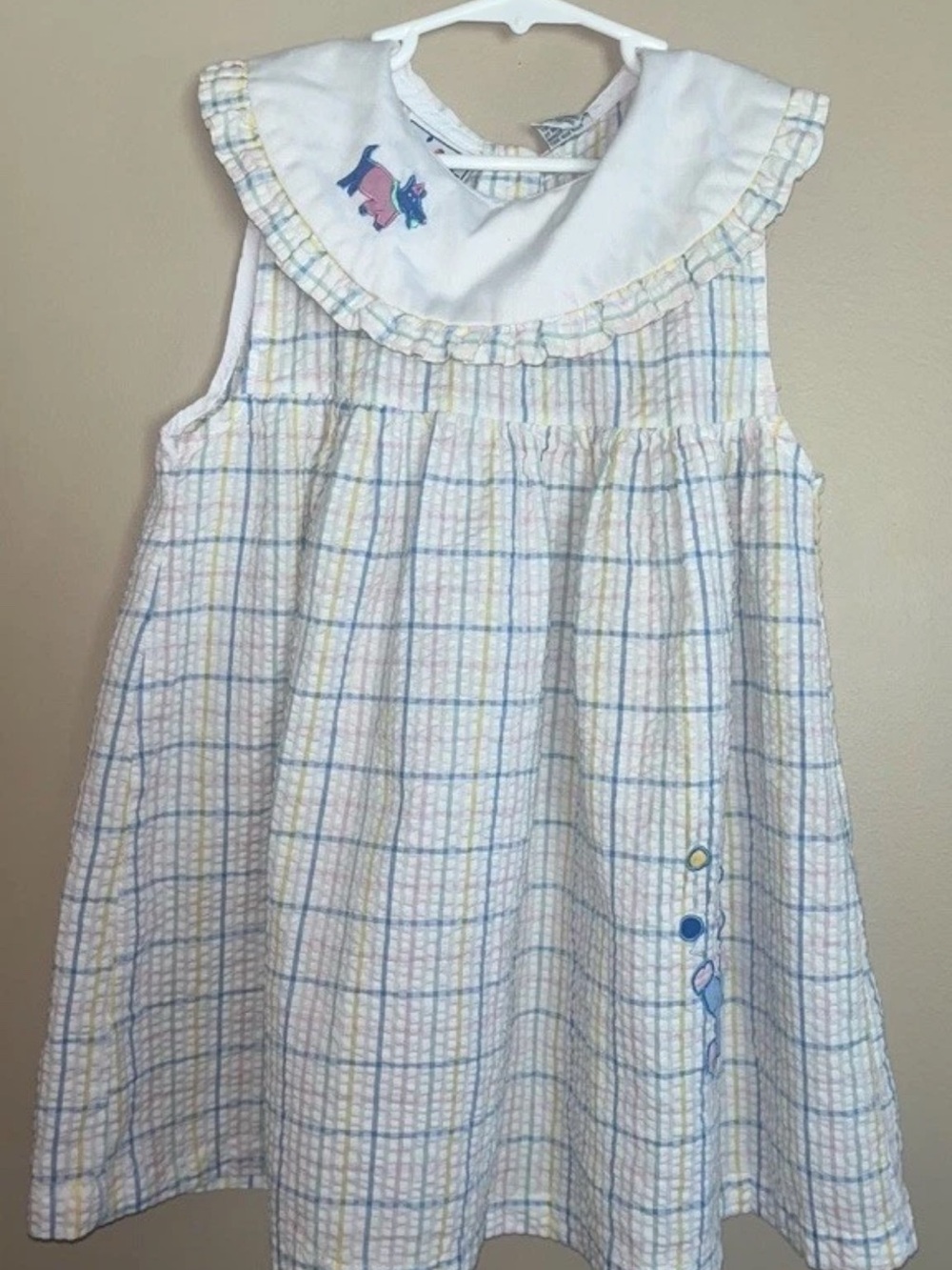 Vintage Good Kids Seersucker Applique Dress Clown Dog 90s Y2K Pastel